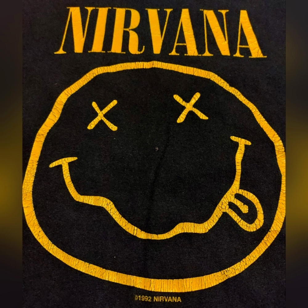 Nirvana vtg 1992 Black Yellow Split Smiley Face Crewneck Short Sleeve T-Shirt.